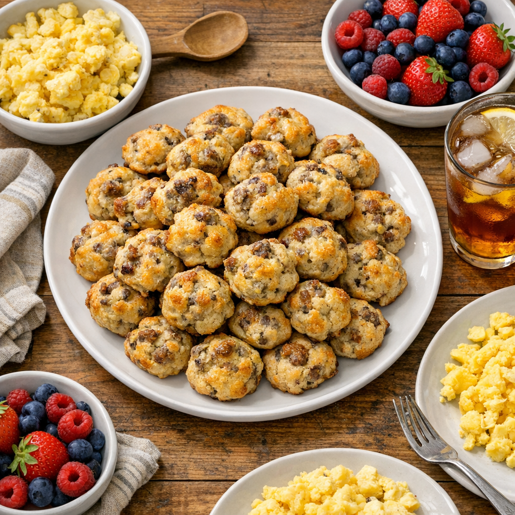 Brunch spread with sausage bites, berries, and eggs