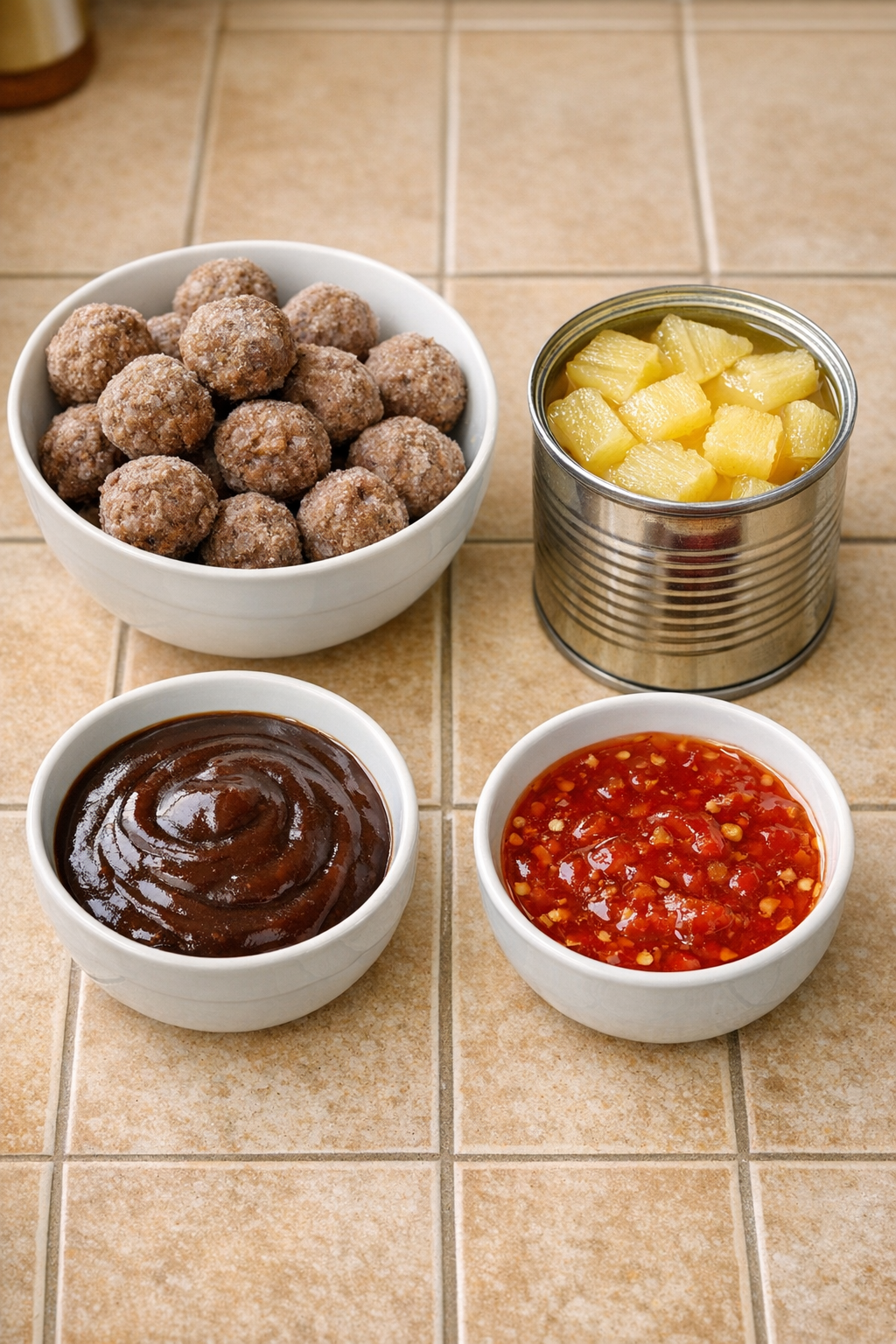 Main ingredients for spicy Hawaiian meatballs