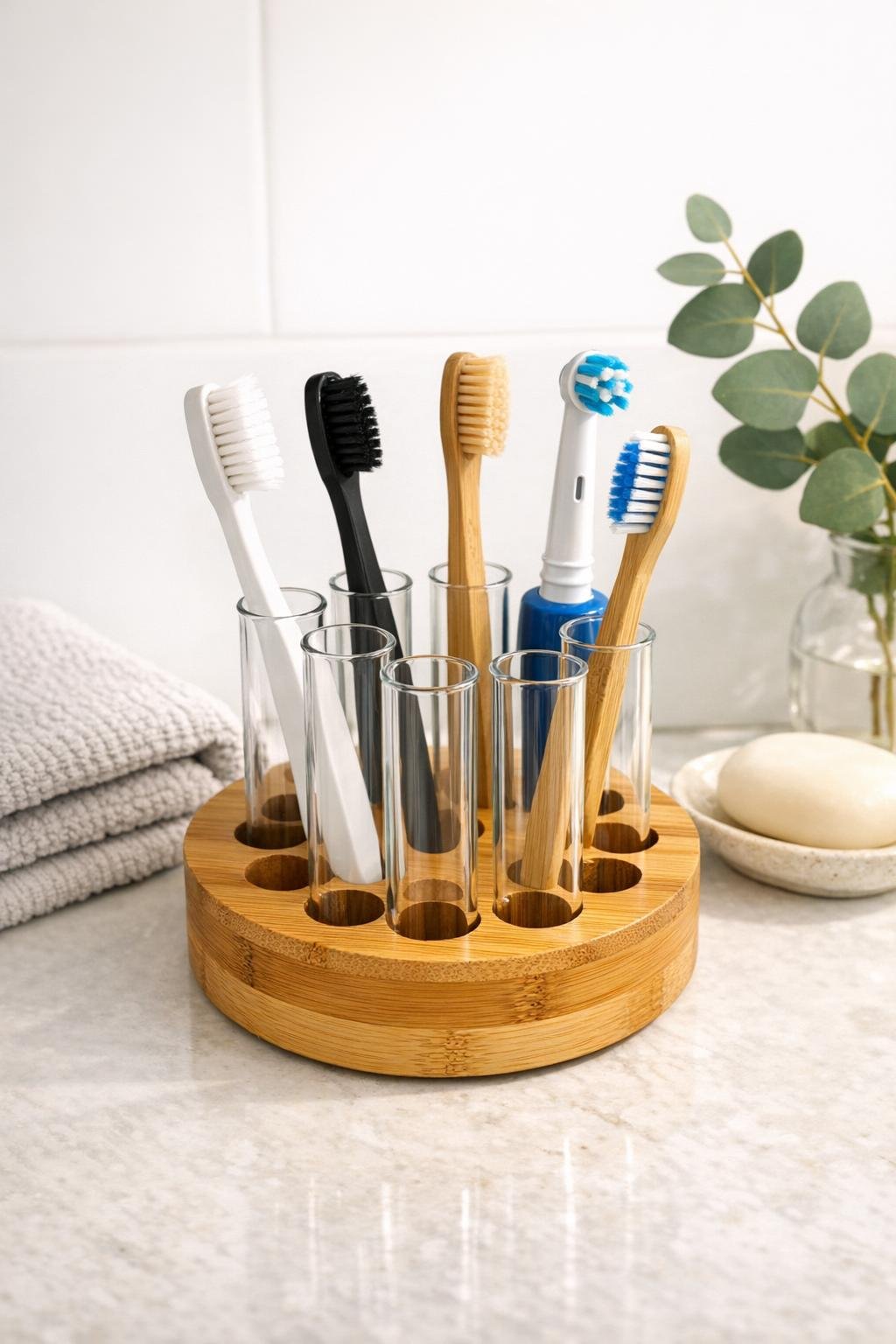 Finished bamboo spice rack toothbrush holder with glass test tubes on a bathroom counter
