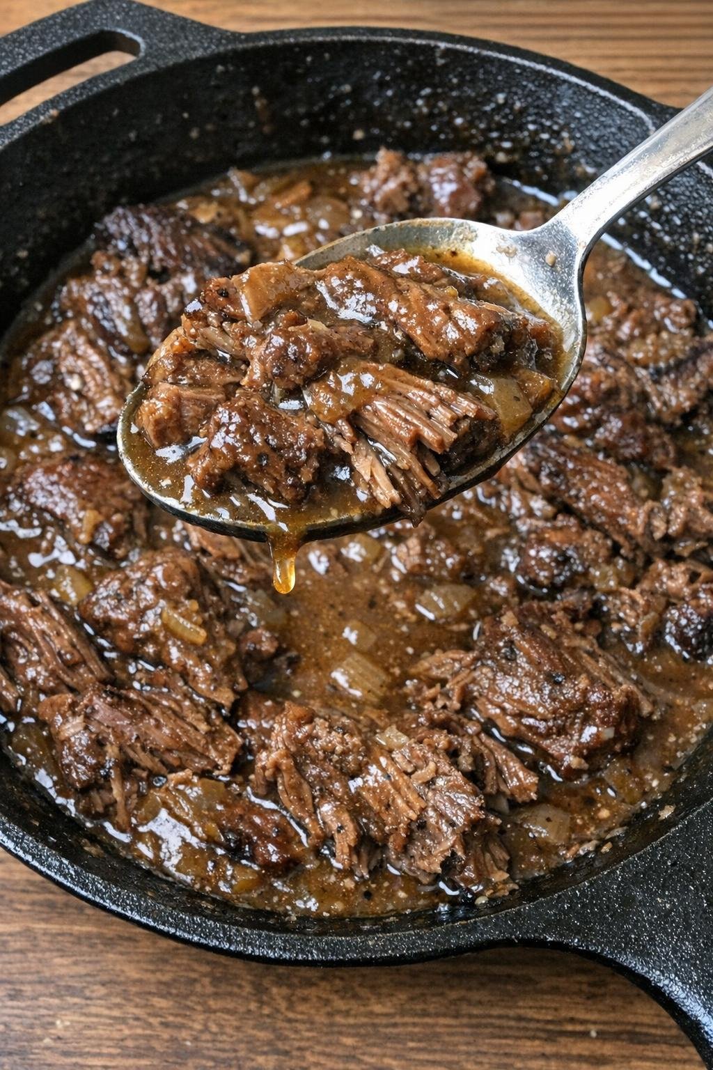 Tender chuck roast with gravy in a cast iron skillet