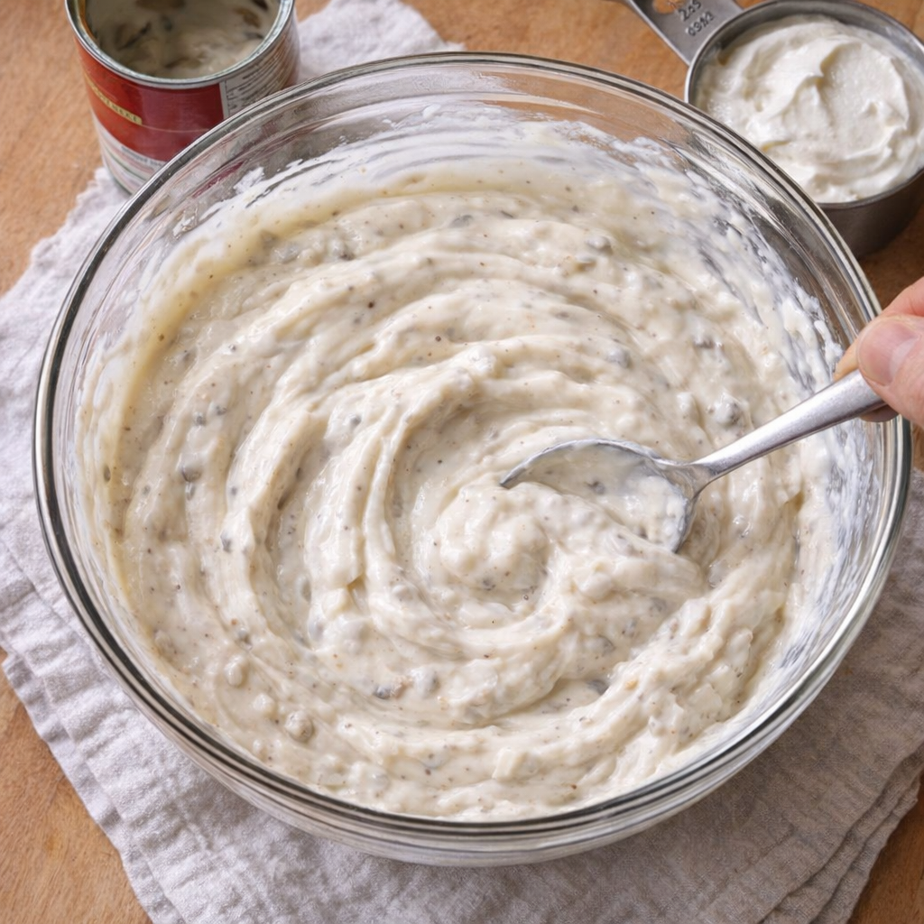 Cream of mushroom soup and sour cream mixed in a bowl
