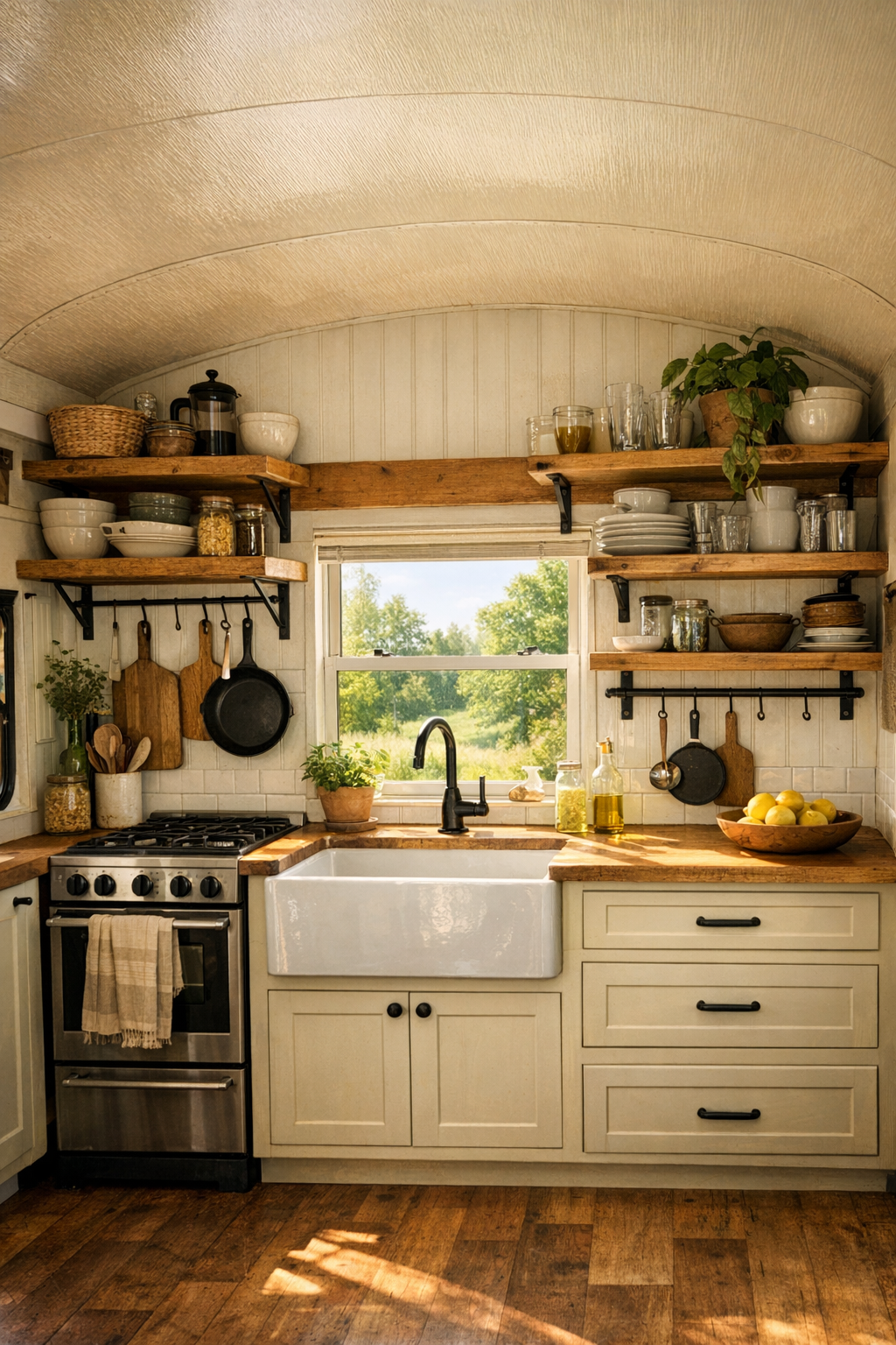 Off-grid bus kitchen with shaker cabinets, butcher block counters, and apron-front sink