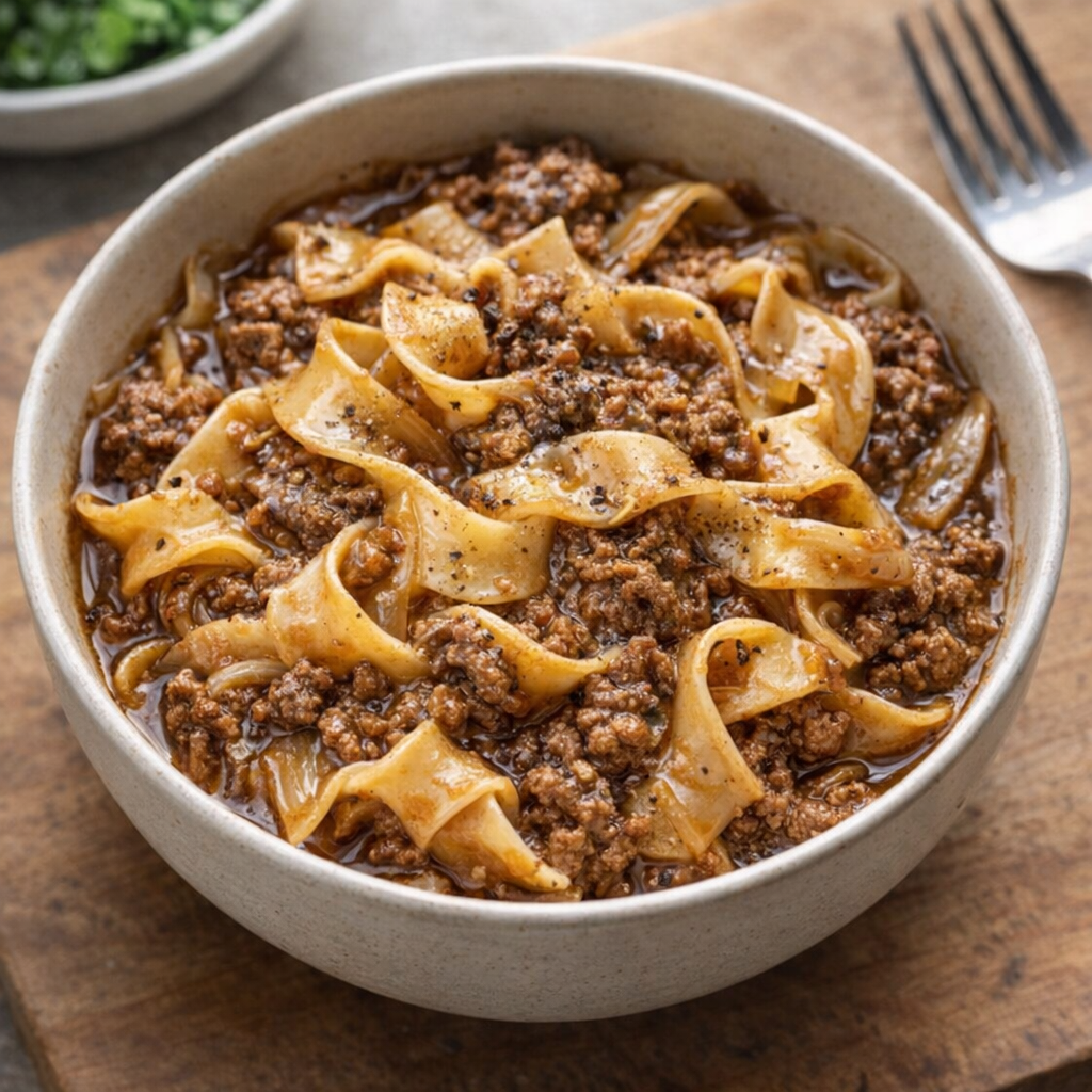 Bowl of beefy onion noodles on a kitchen table