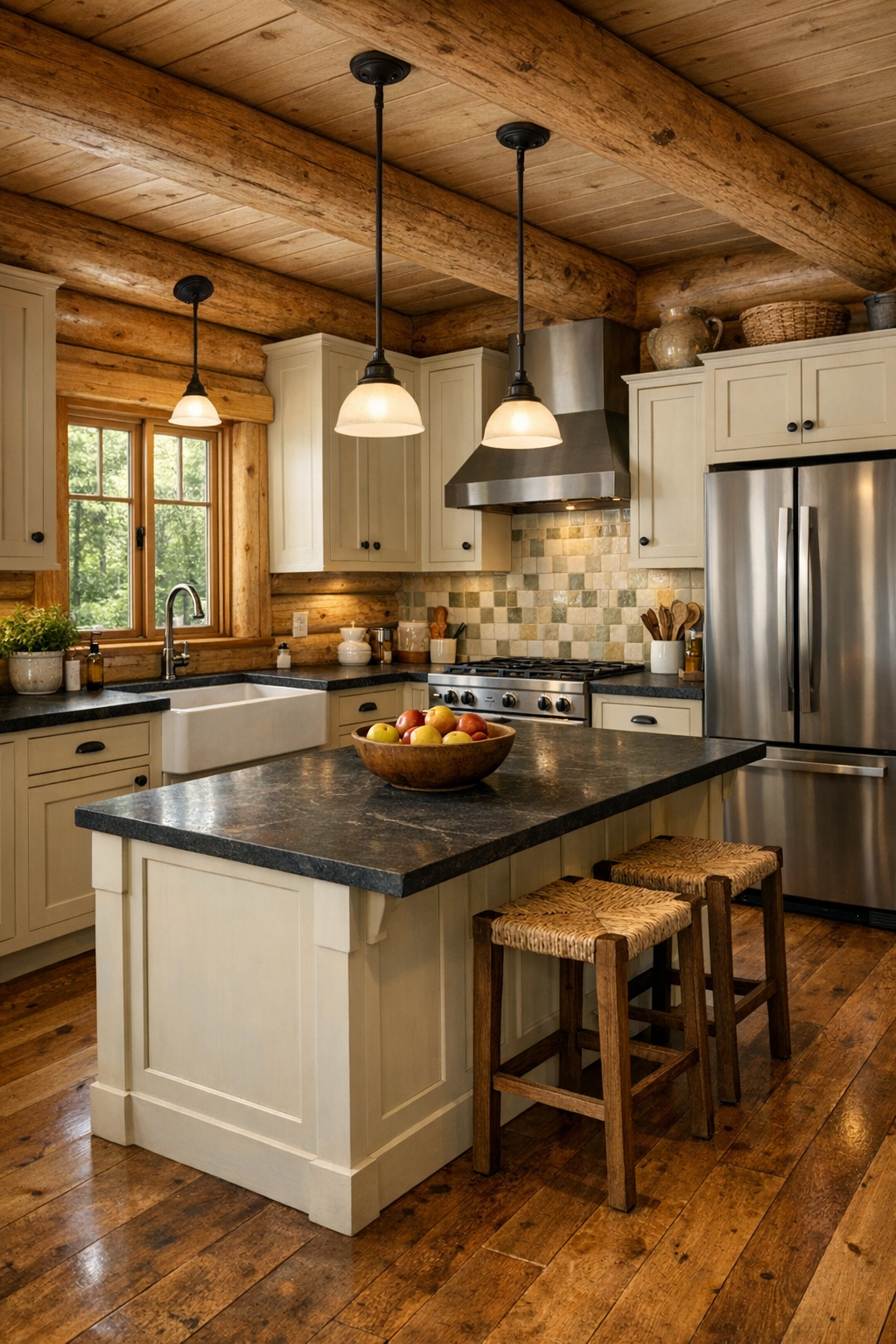 Cedar log kitchen with cream cabinetry, island, and farmhouse sink