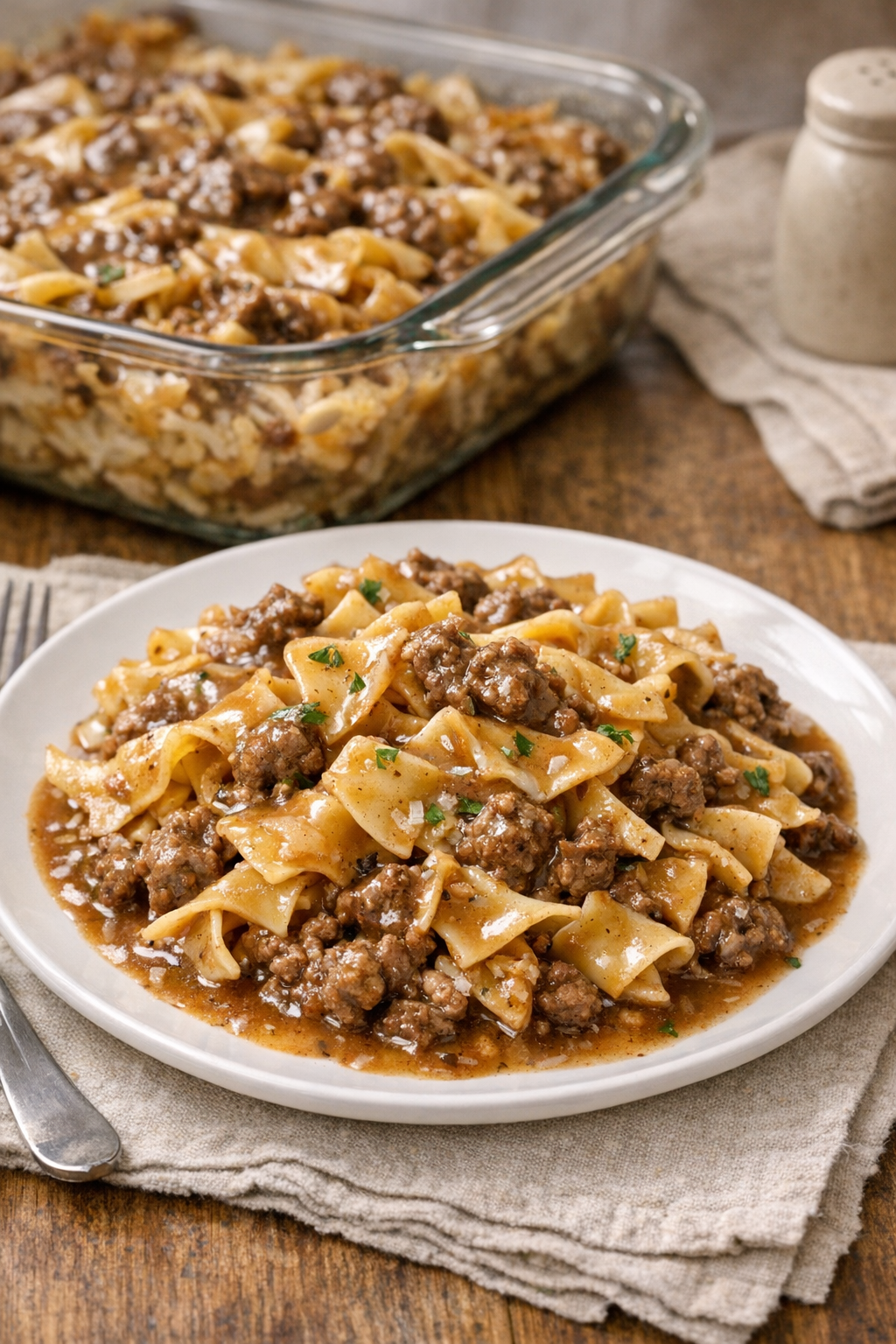 Finished baked beef gravy noodles casserole plated on a dinner plate
