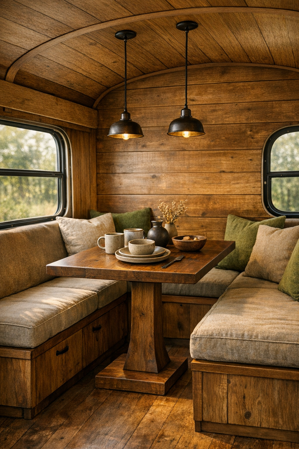 Cozy bus dining nook with built-in benches and solid wood table