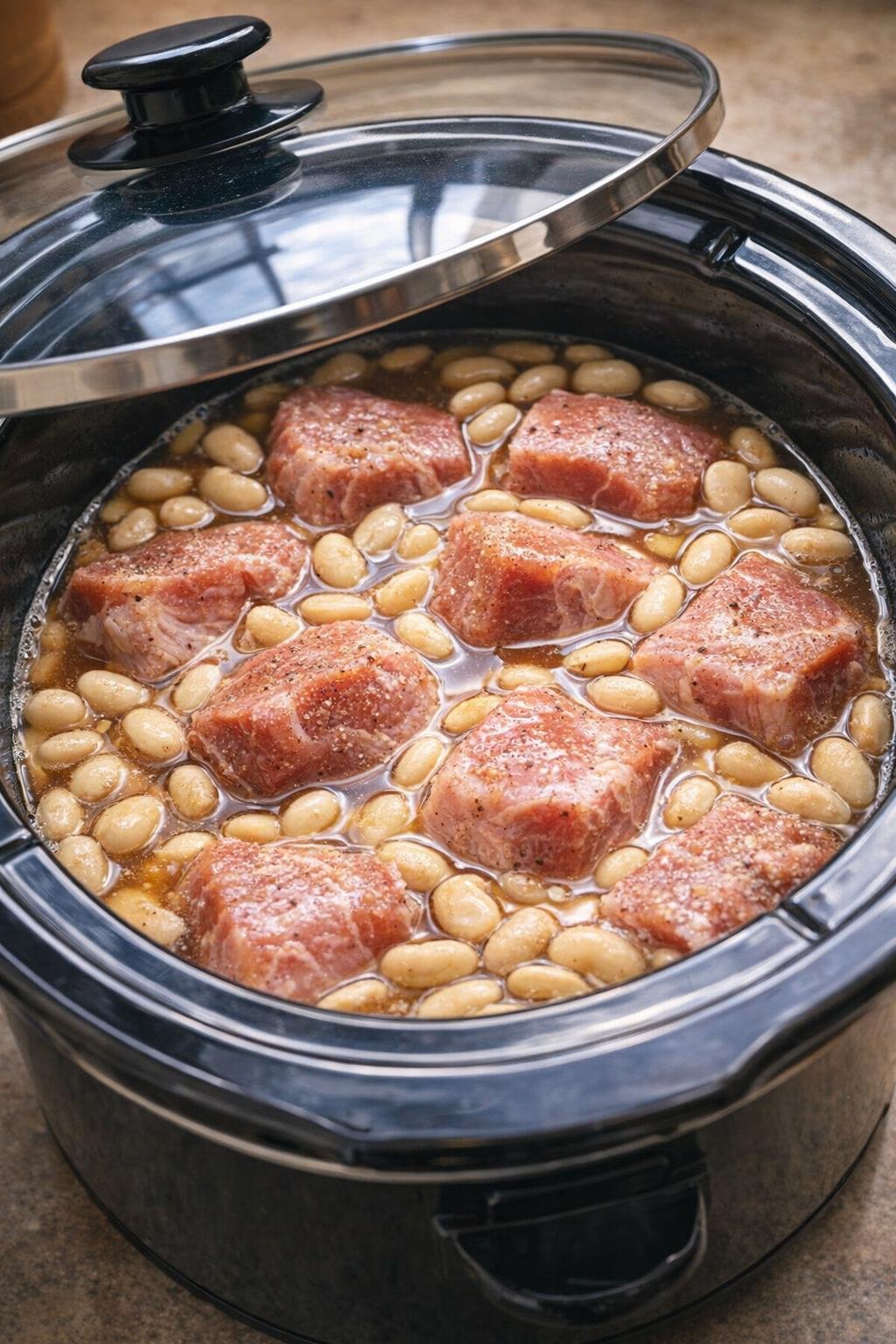 Slow cooker filled and ready to cook