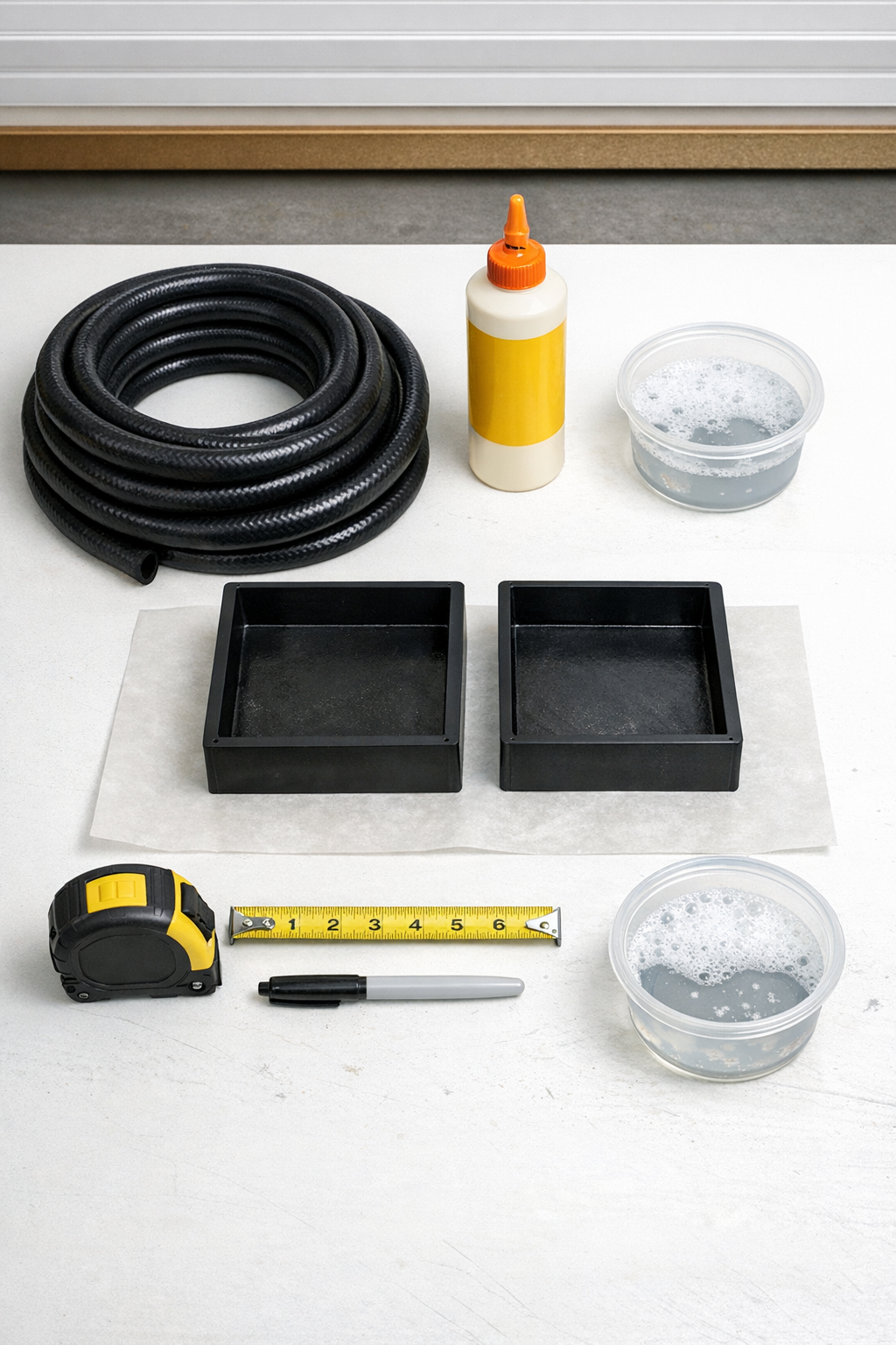 Materials for making two rubber hose vibration pads laid out on a workbench