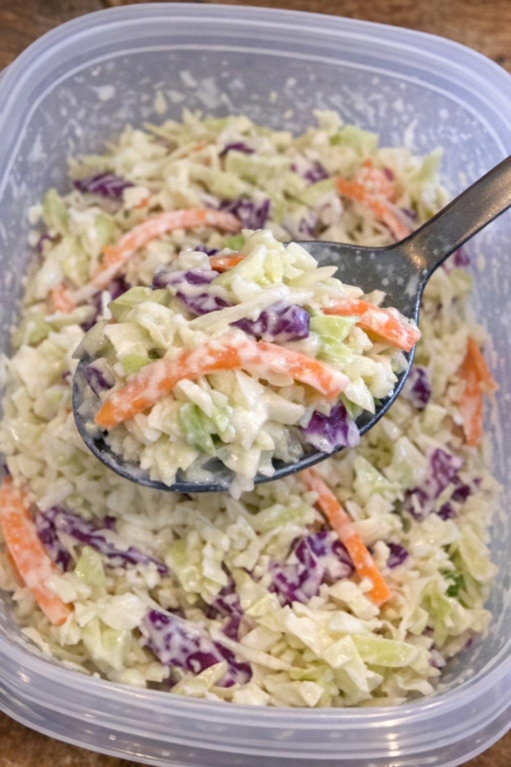 Creamy cabbage slaw in a clear container