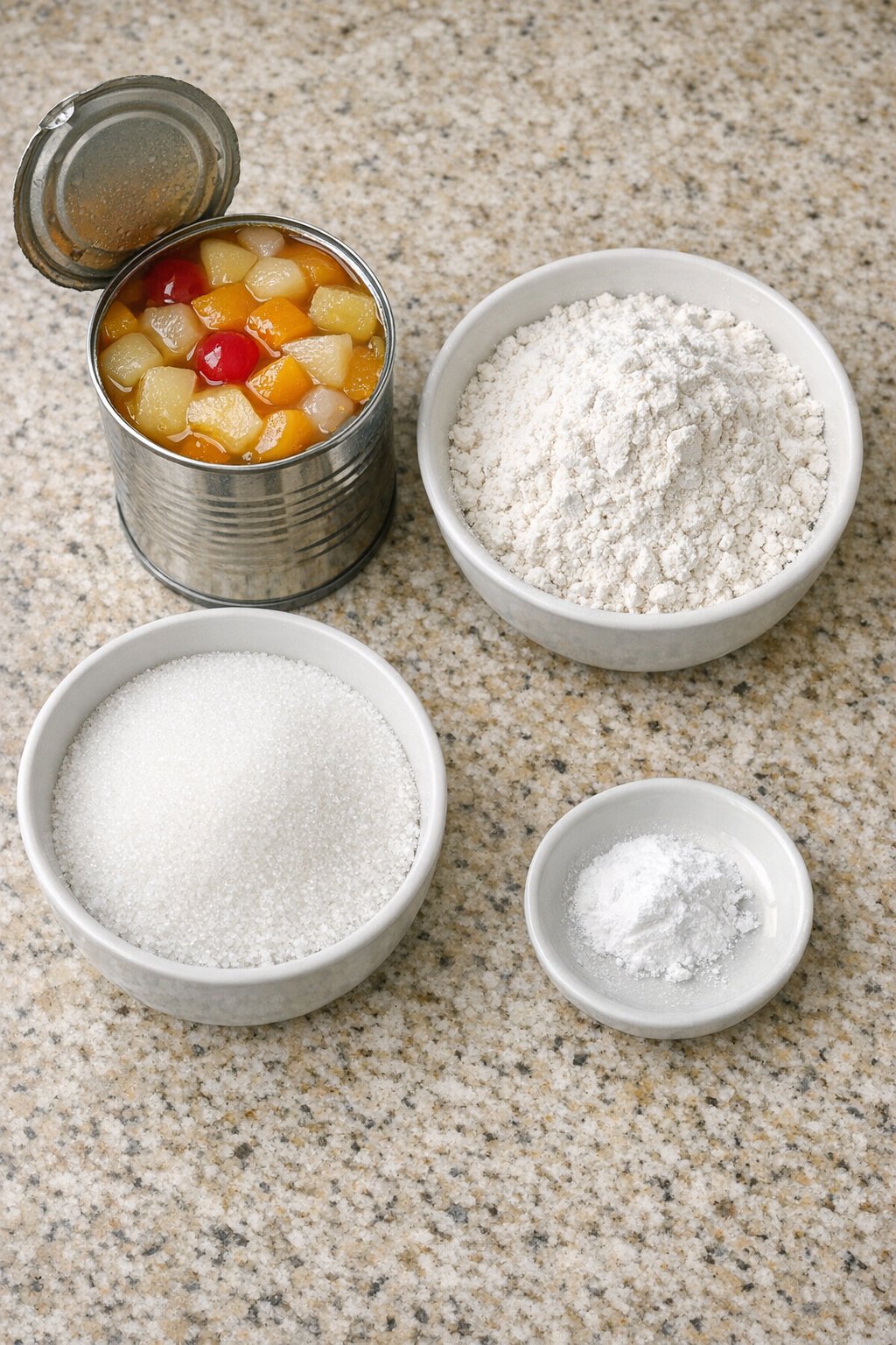 Measured ingredients for fruit cocktail cake