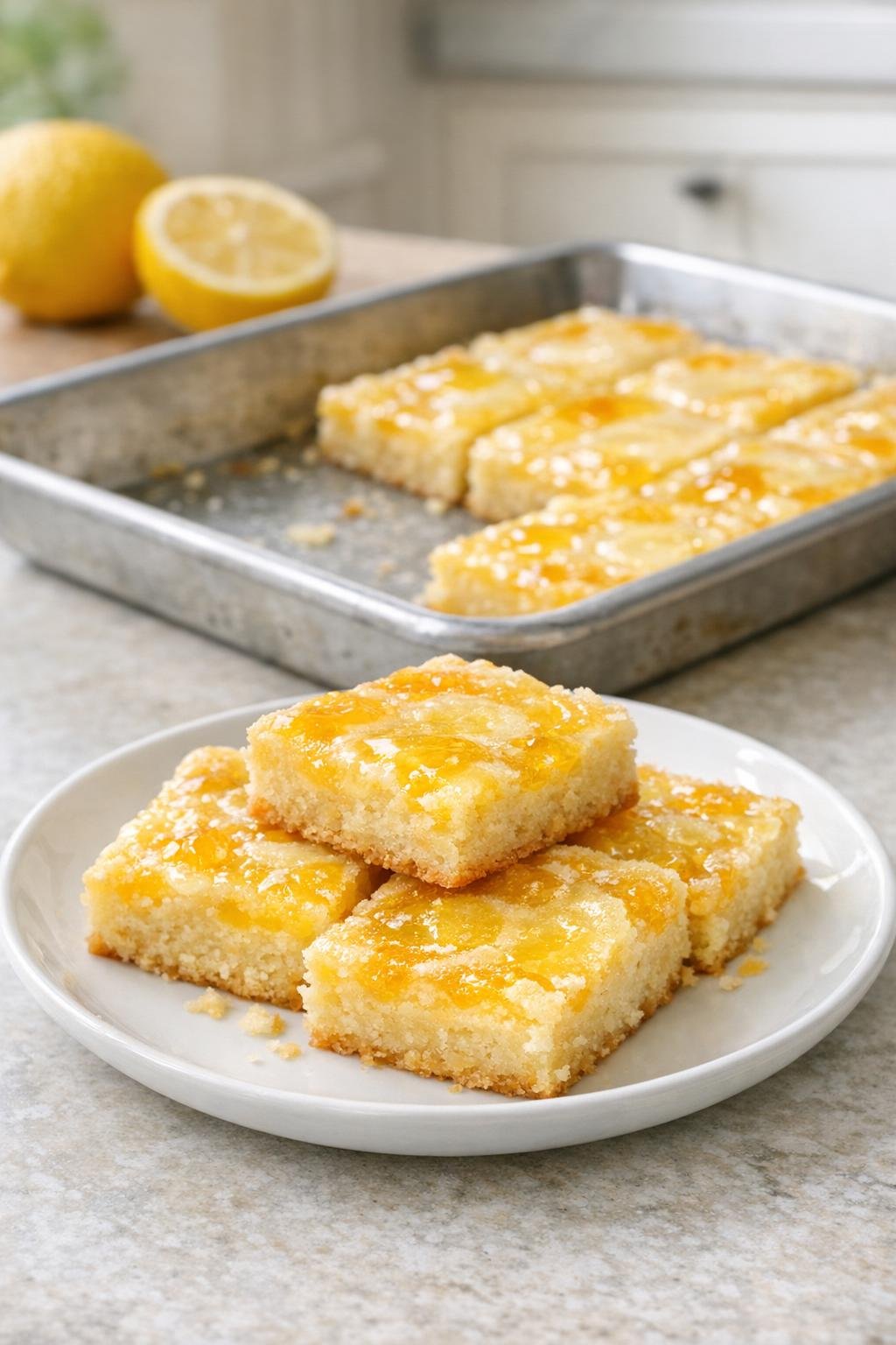 Finished lemon drop shortbread bars on a plate
