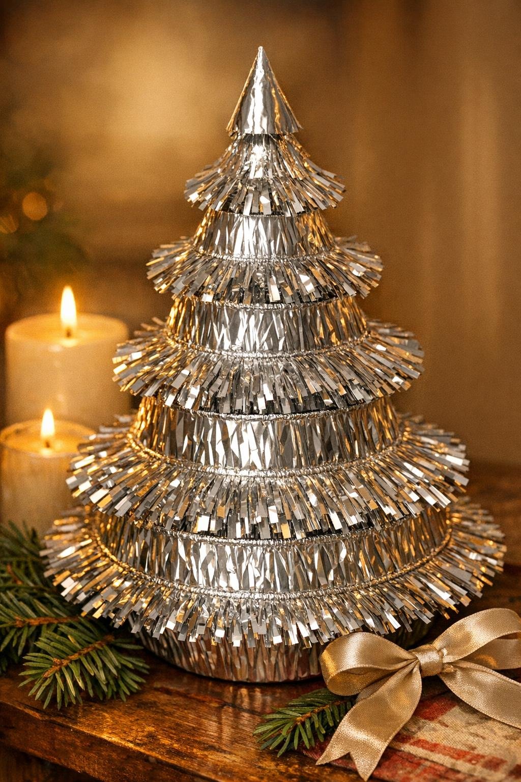 A finished tinsel-style tree made from foil pie tins displayed on a holiday table