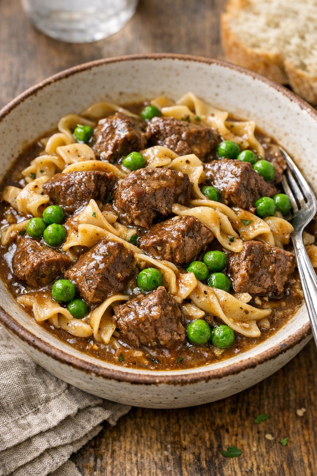 Beef and noodles with peas stirred in for color