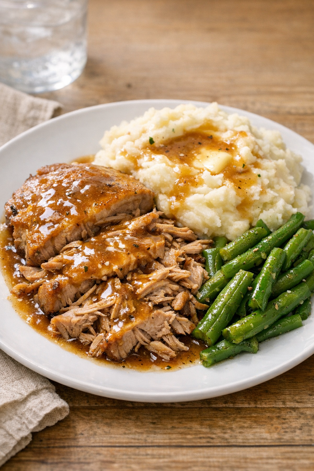 Finished slow cooker pork roast plated with gravy