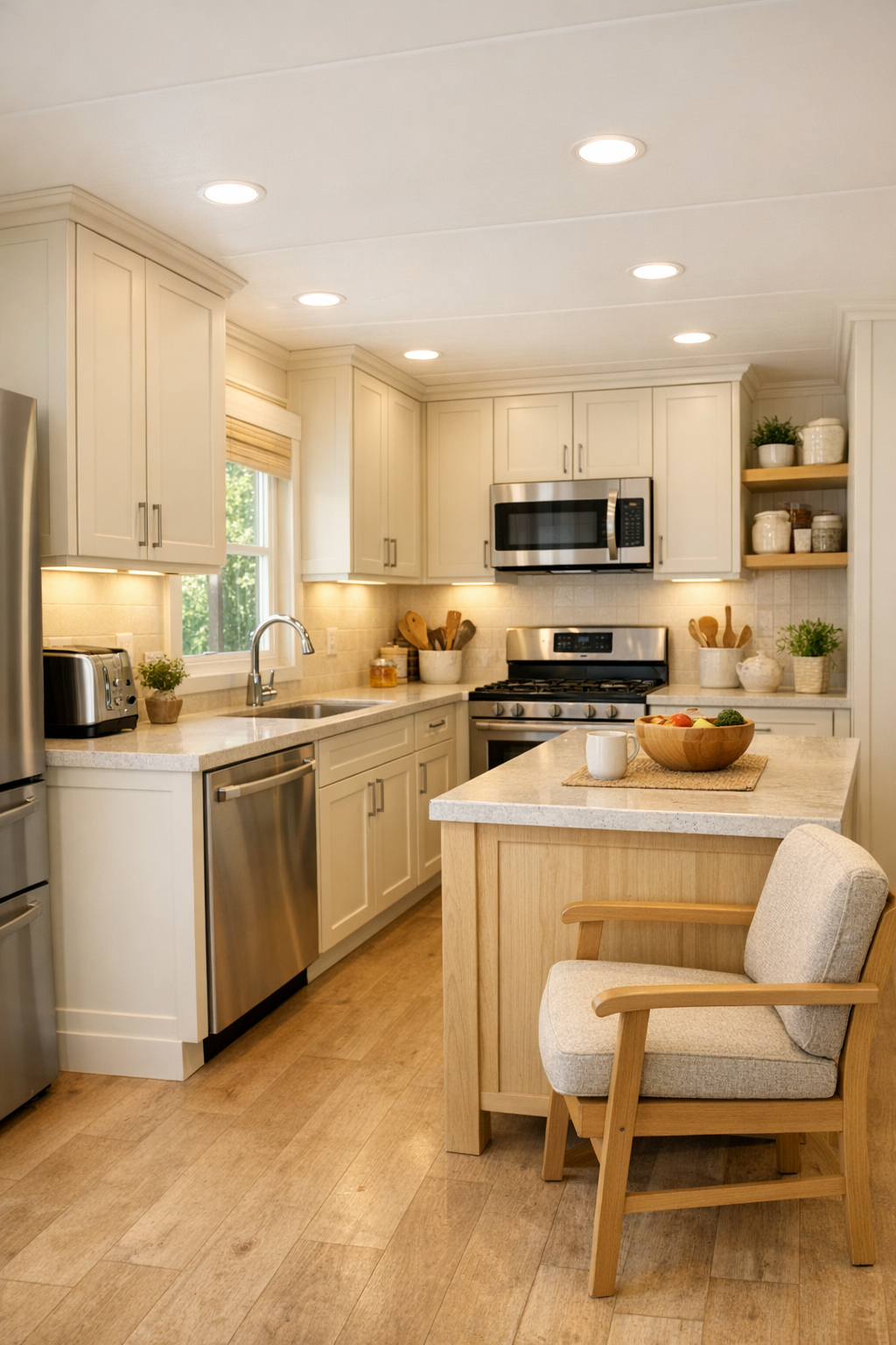 Creamy ivory kitchen with pale quartz counters and easy-access storage