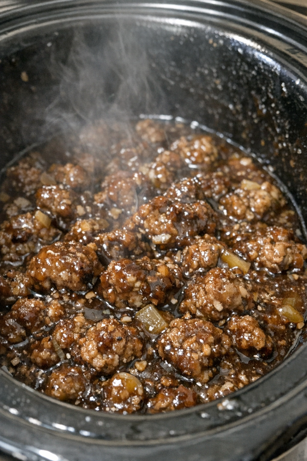 Slow cooker savory sausage bowl with glossy dark sauce