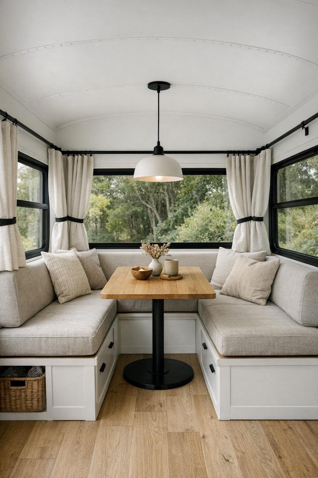 Compact dining nook inside the bus with banquette seating and a small wood table