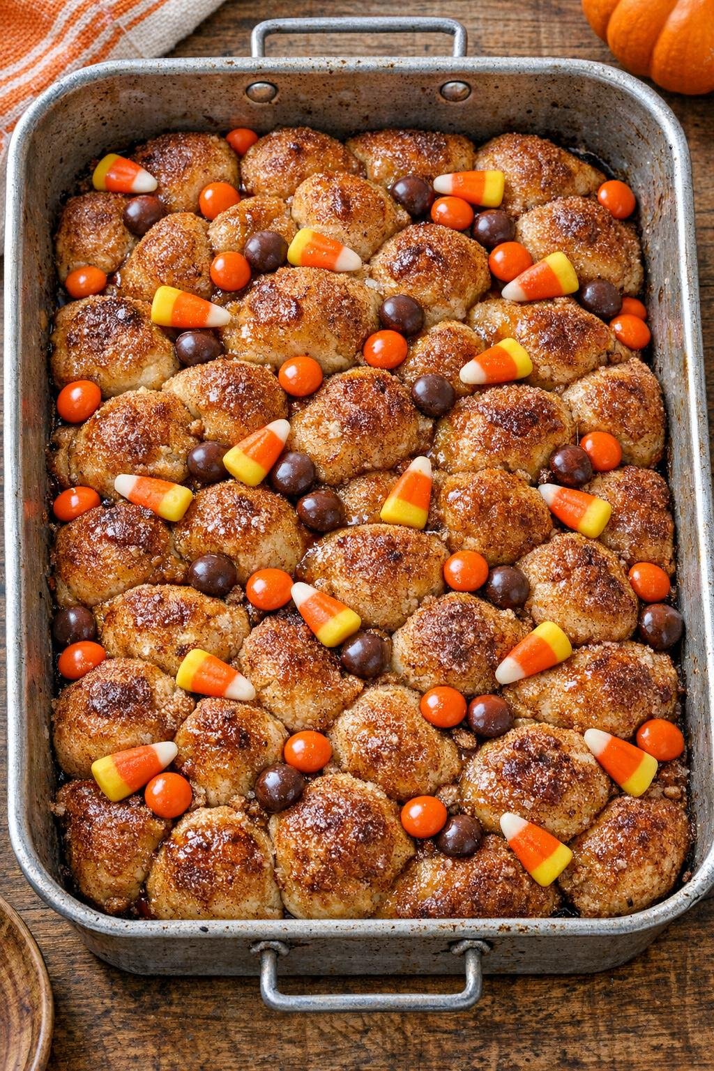 Finished Halloween dessert baked from pizza dough in a roasting pan