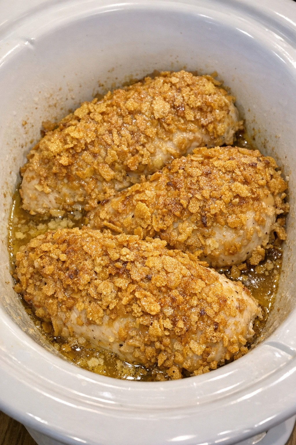 Slow cooker cornflake chicken in a white slow cooker
