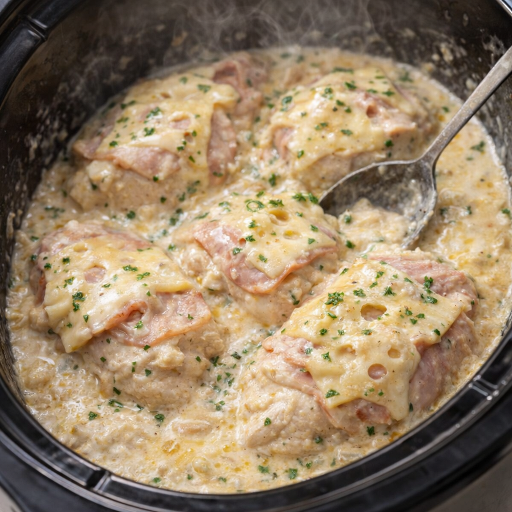 Creamy cooked chicken mixture inside the slow cooker