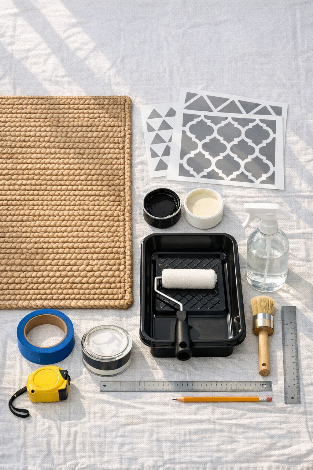 Materials for making a painted seagrass outdoor rug