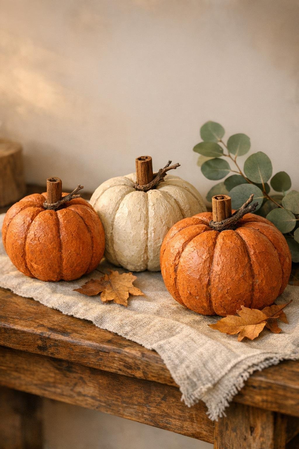 Finished heirloom paper clay pumpkins displayed for fall decor