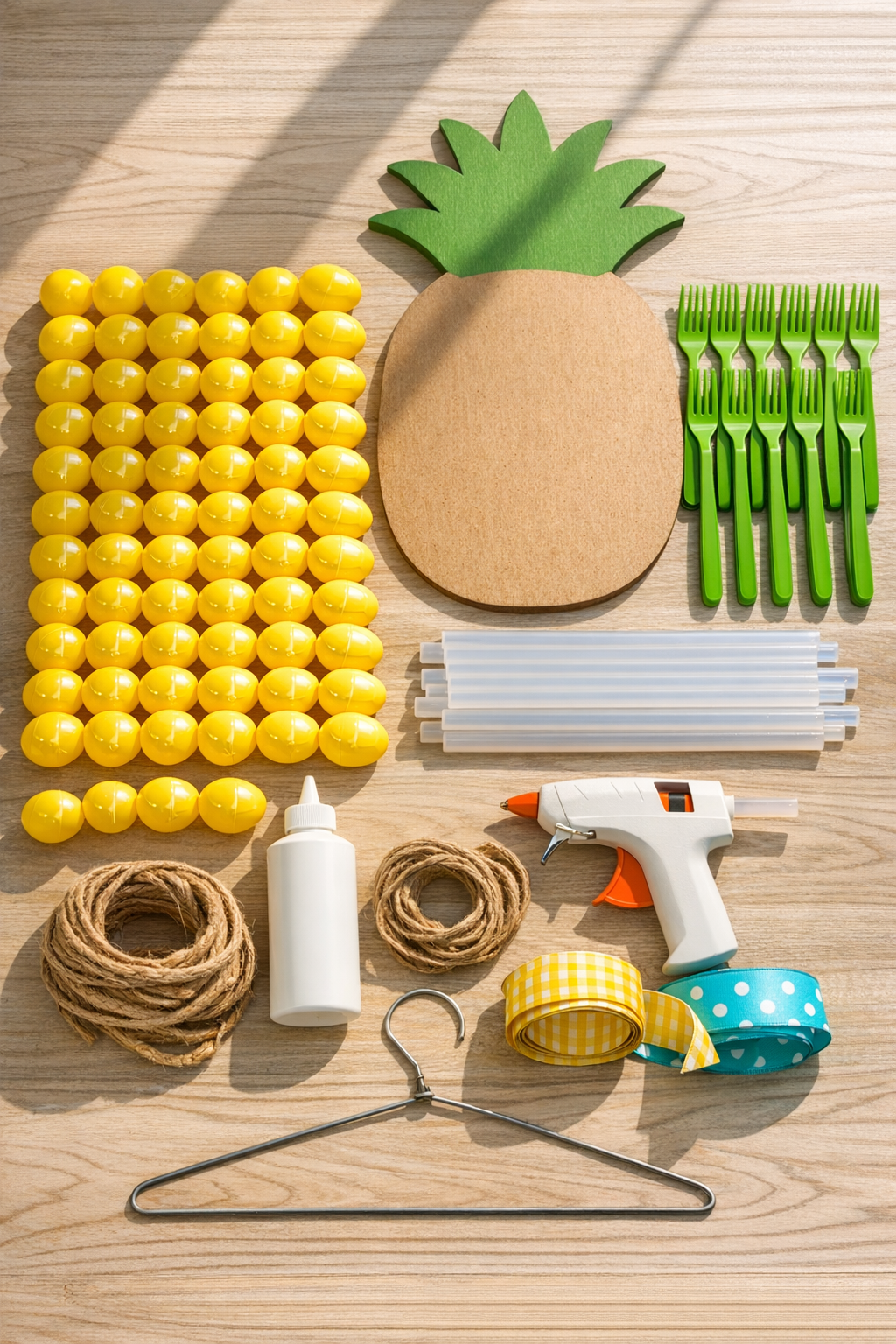 Yellow plastic eggs, green plastic forks, backing board, glue, and hanging supplies laid out for the project