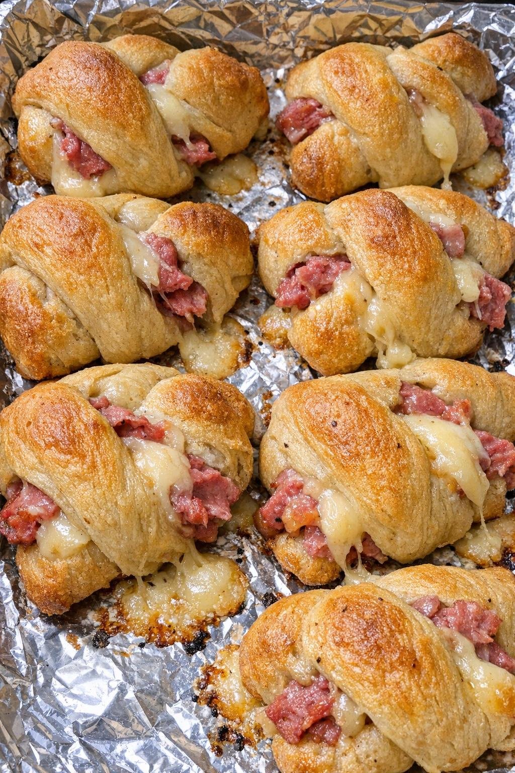 Twisted golden crescent knots stuffed with corned beef and smoked gouda on a foil-lined baking sheet