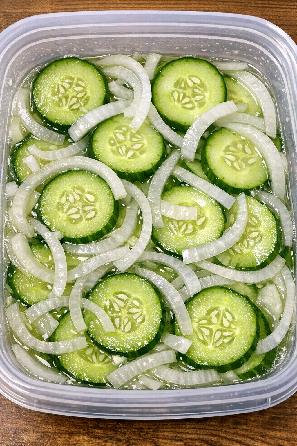 Finished cucumber onion salad in a clear plastic container