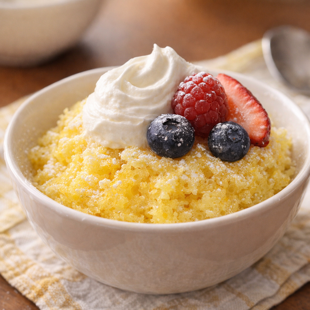 Bowl of lemon cake with whipped cream