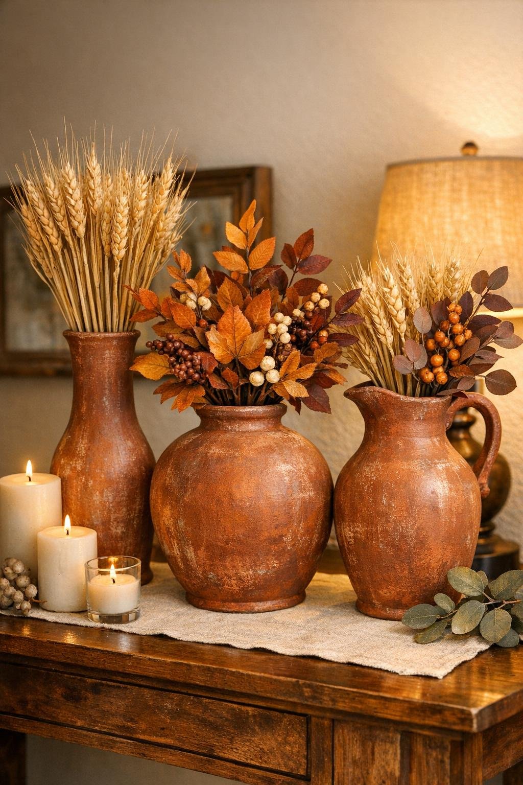 Finished faux terracotta harvest urns made from painted glass vases