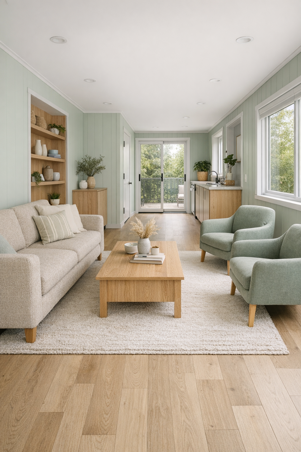 Accessible living room with pale wood floors, oatmeal seating, and mint green accents