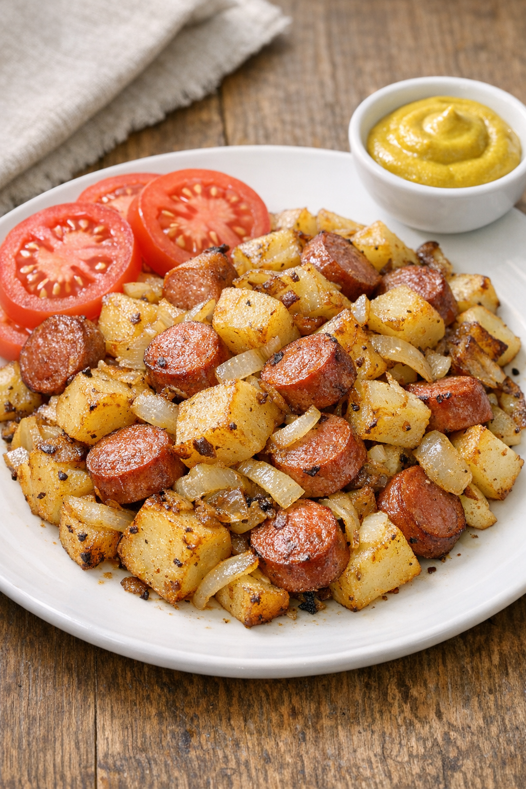 Plated poor man's meal with crispy potatoes and hot dogs