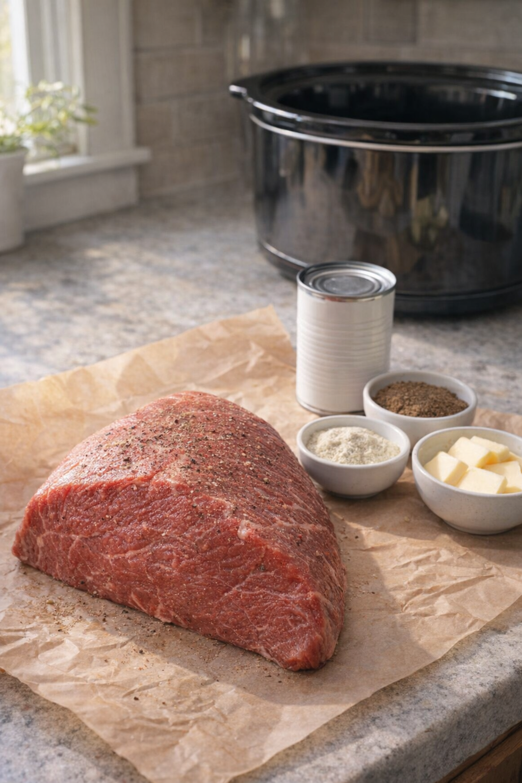 Ingredients gathered beside a slow cooker