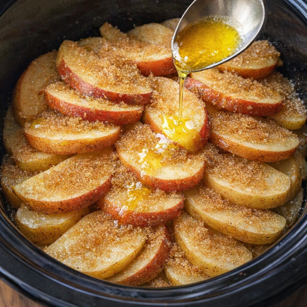 Apples, brown sugar, and melted butter layered in the slow cooker
