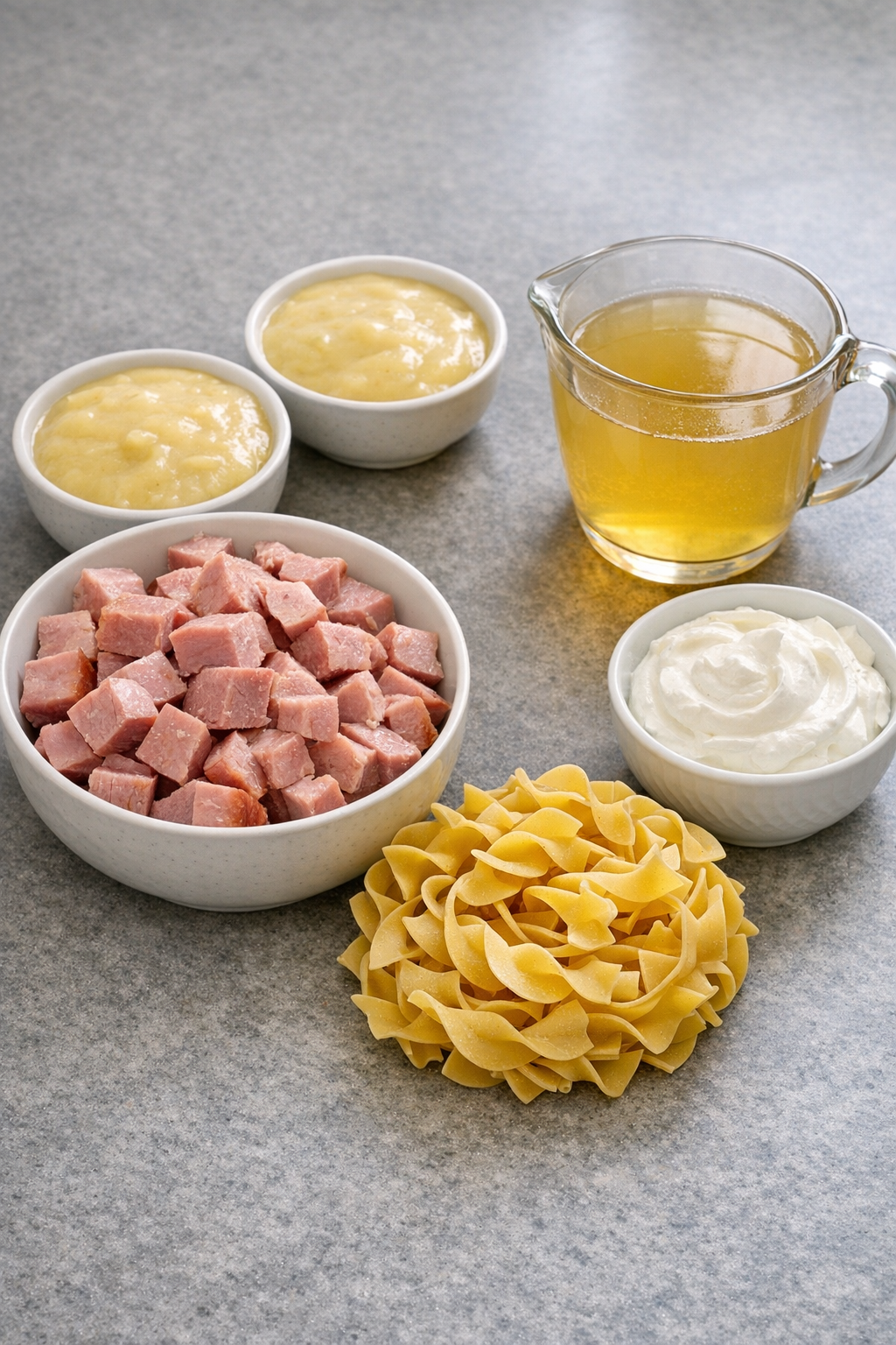 Main ingredients for creamy ham pasta arranged on a countertop
