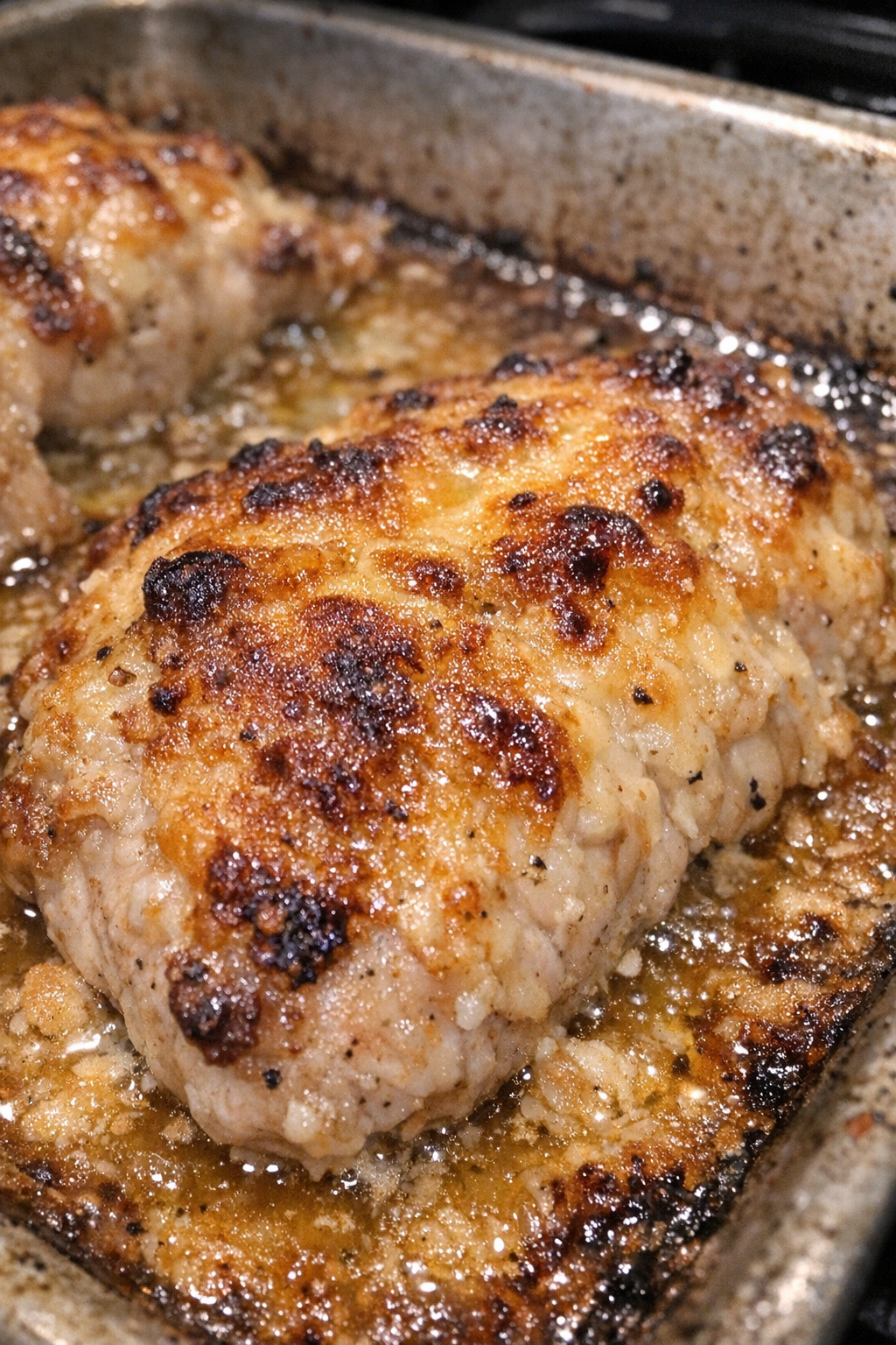 Roasted protein under a caramelized golden crust in a baking sheet