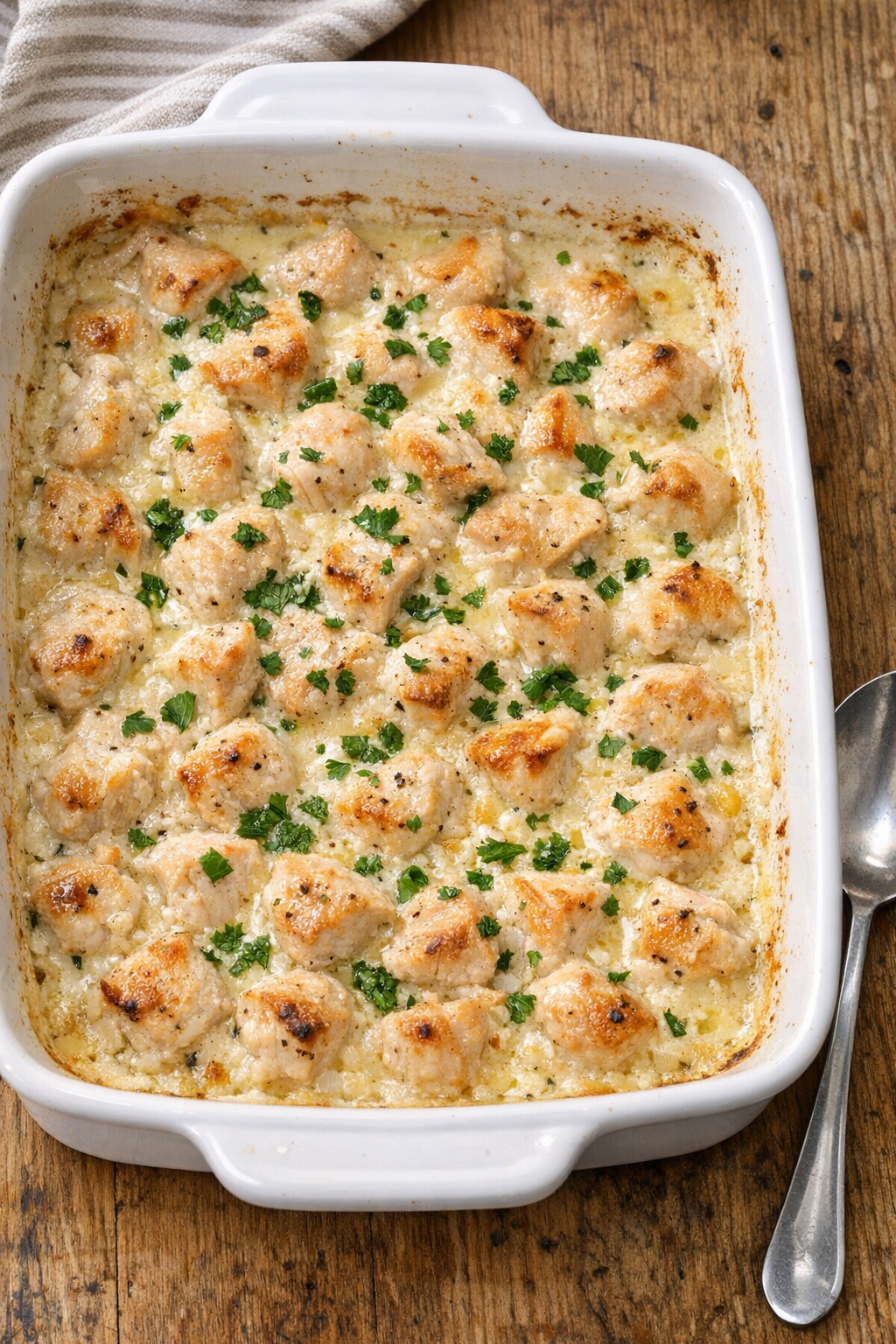Finished creamy baked diced chicken in a ceramic baking dish