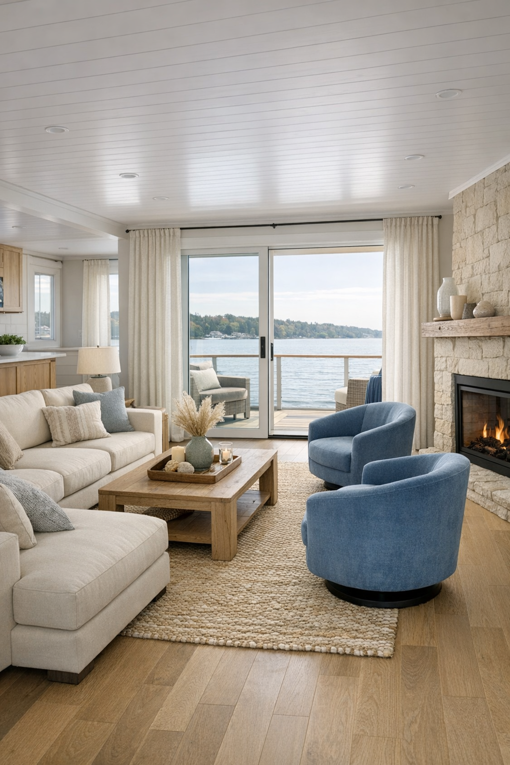 Bright coastal living room with soft neutral seating and wide water-facing windows