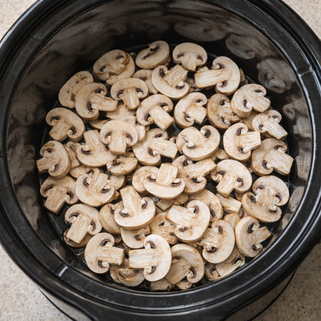 Sliced mushrooms layered in the bottom of a slow cooker