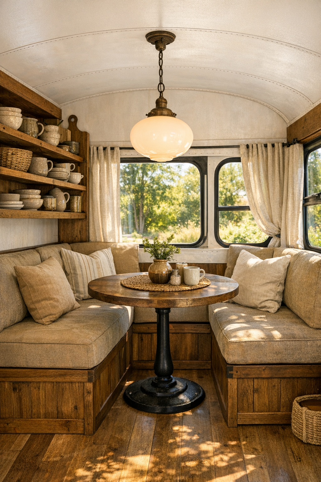 Compact dining nook in a converted bus with banquette seating and a round pedestal table