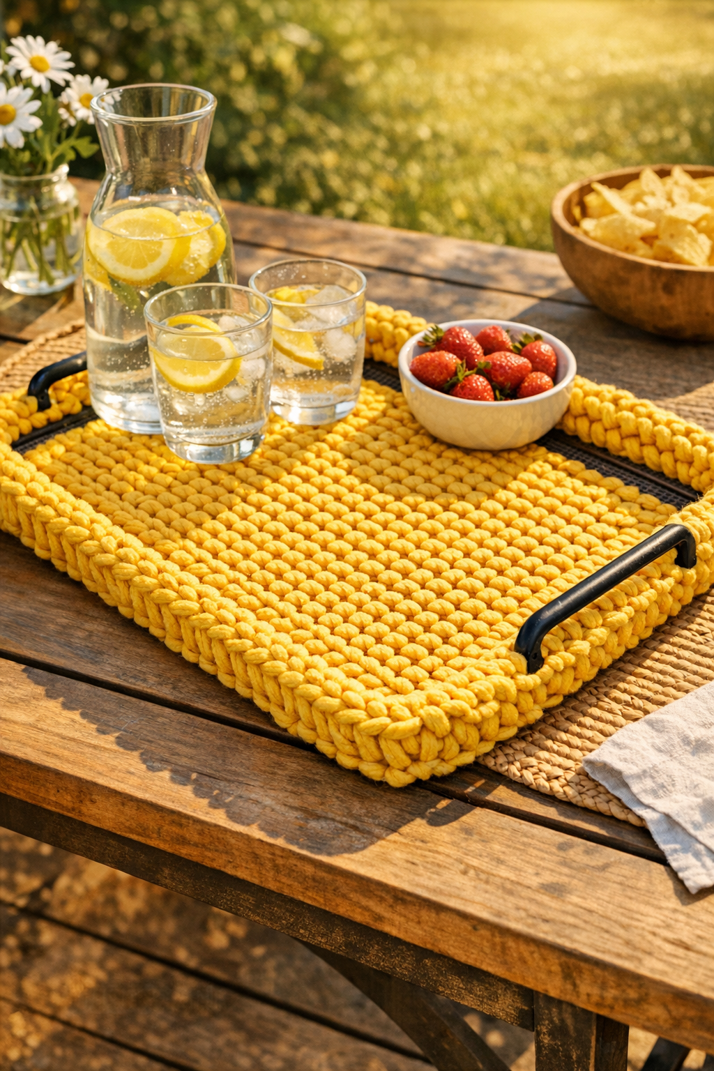 Finished sunshine yellow crocheted serving tray made from a window screen frame