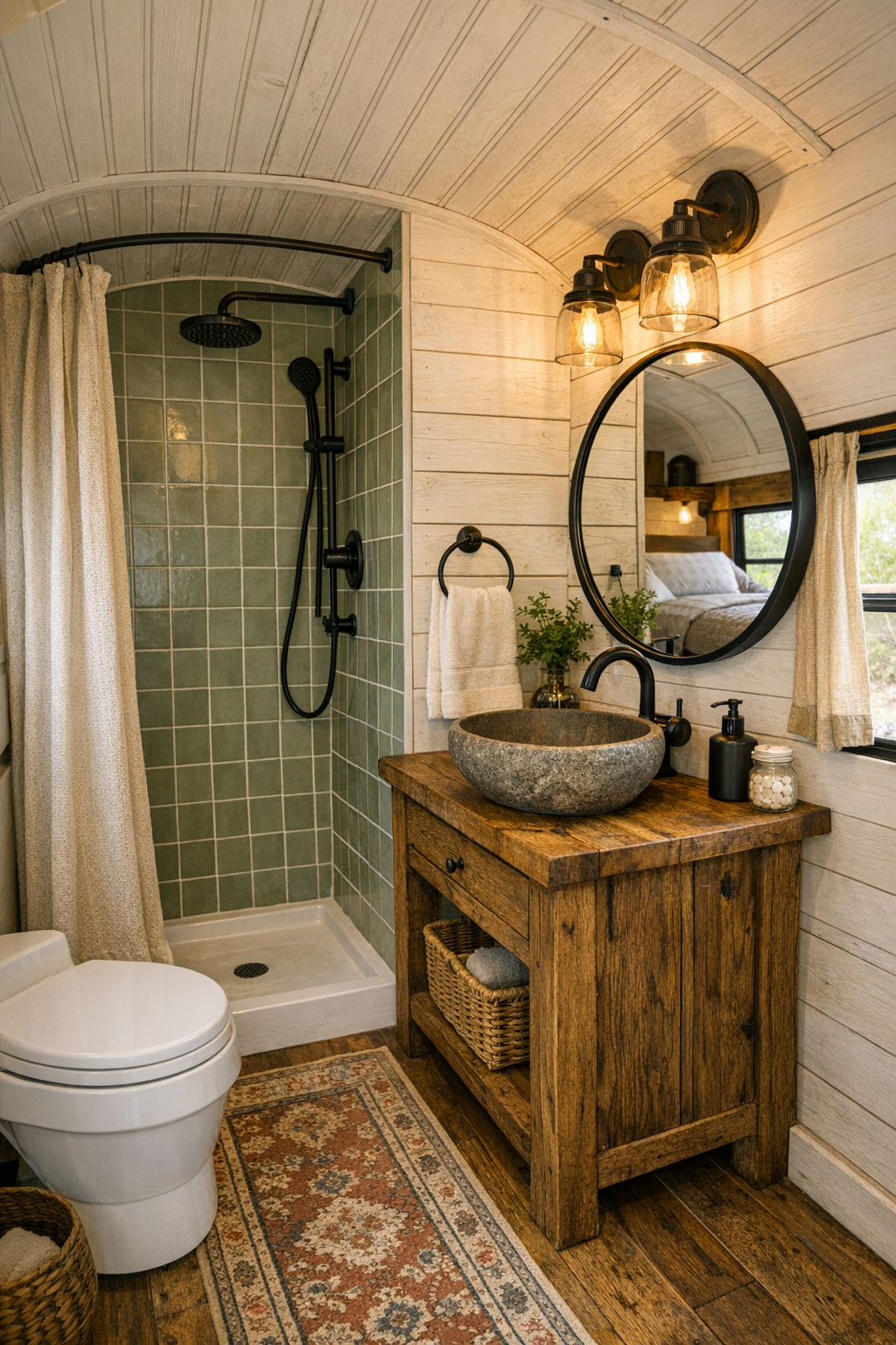 Charming bathroom in a converted bus with sage tile and reclaimed wood vanity