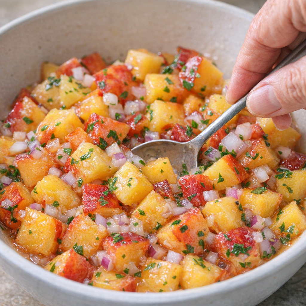 Hand mixing peach salsa in a bowl