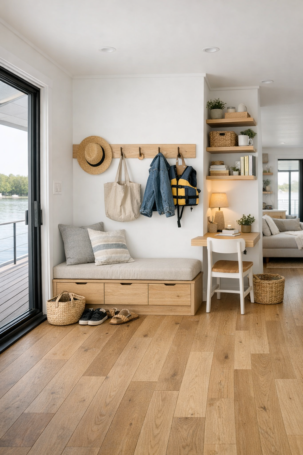 Built-in entry and flexible nook in a cottage-style houseboat with pale wood storage, bench seating, and bright circulation space