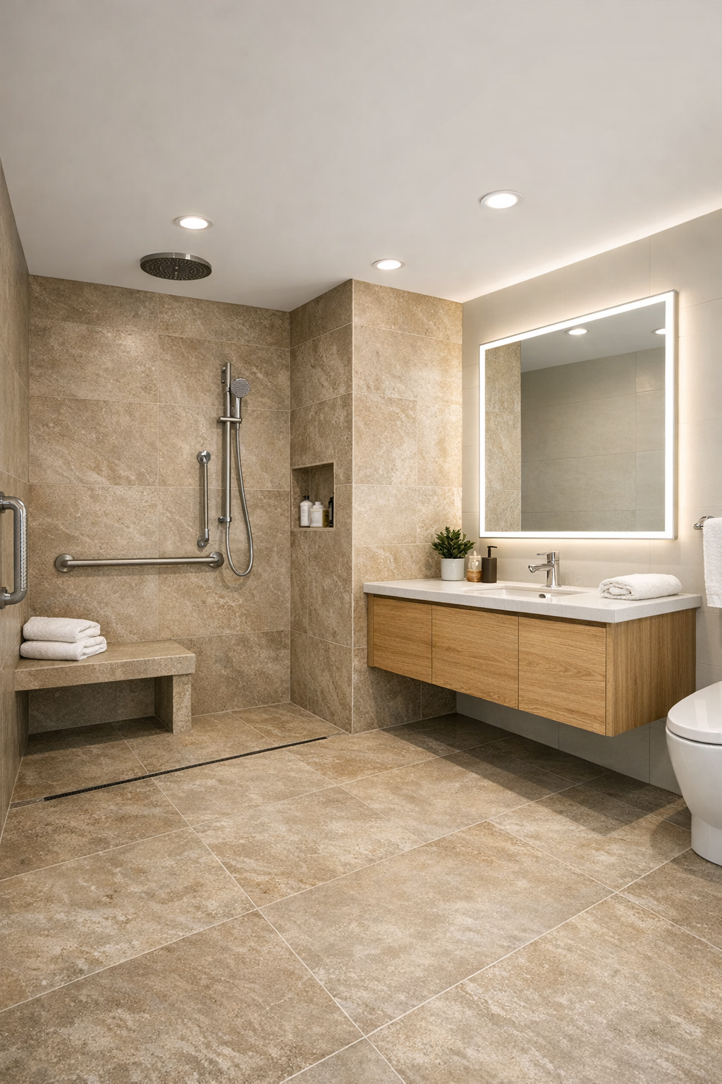Elegant accessible bathroom with curbless shower and warm stone tile