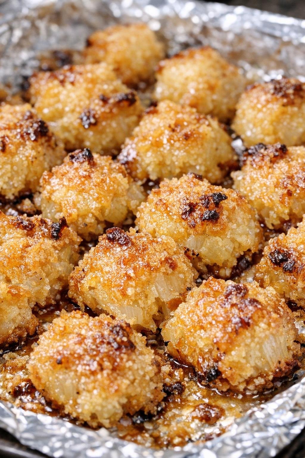 Southern 3-ingredient golden onion bites on a foil-lined baking tray