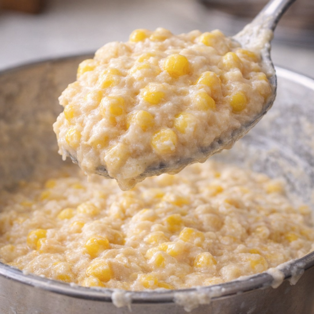 Thick corn fritter batter in a spoon over the bowl
