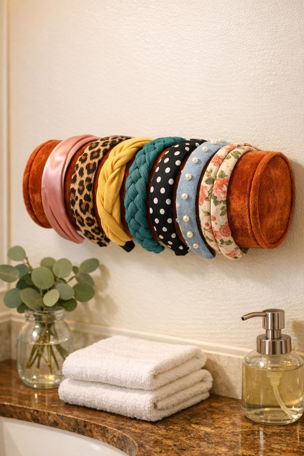 Finished velvet ribbon oatmeal canister headband holder mounted on a bathroom wall