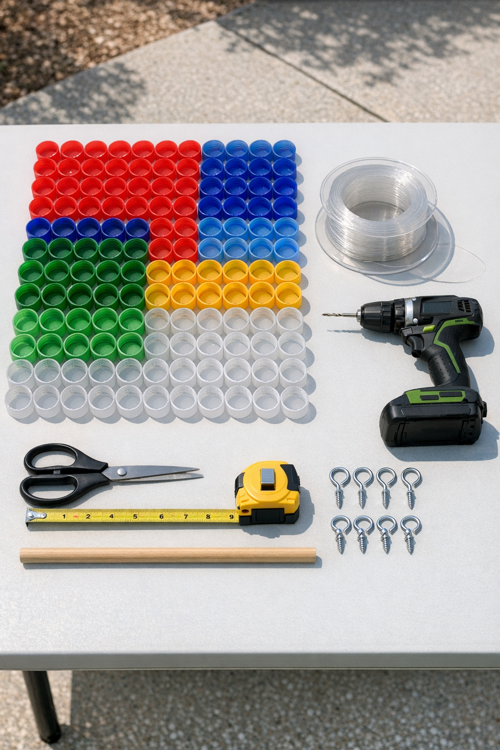 Bright translucent bottle caps, fishing line, and tools laid out for the project
